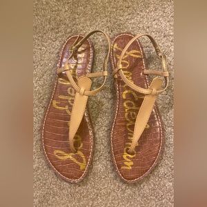 Sam Edelman Gigi Tan Patent Leather Strappy Flat Sandal with Goldtone Hardware